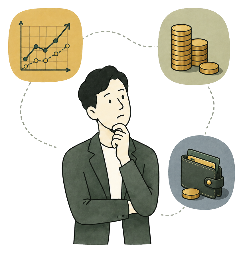 会社のお金について考える経営者と、売上・現金・資産を表すイラスト